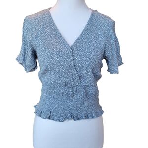 Paper Crane Blue White Dainty Floral Print Vneck Smocked Blouse